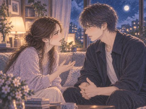 夜の室内で言い合う女性と推しのような男性