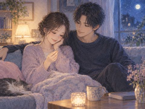 月明かりの部屋で結婚指輪を見つめる女性と推しのような男性