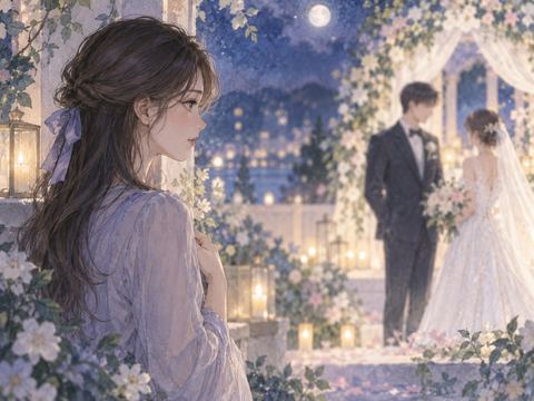 遠くの結婚式を静かに見つめる女性