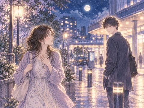 夜の街角で偶然推しと出会い驚く女性