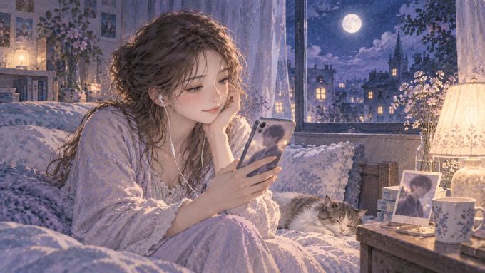 眠る前に推しの写真や音楽を楽しむ女性