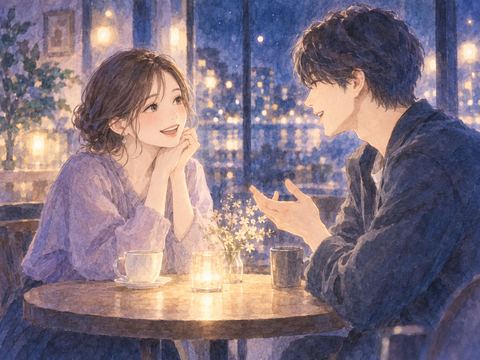 静かな夜に推しと楽しそうに話す女性