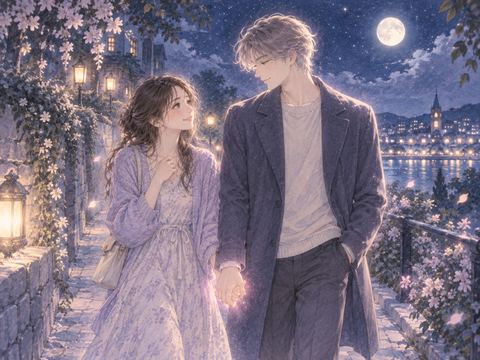 夜道を手をつないで歩く女性と推しのような男性