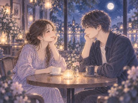 夜のカフェで自然に笑い合う女性と推しのような男性
