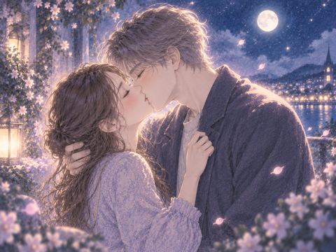 月明かりの中でキスを交わす女性と推しのような男性