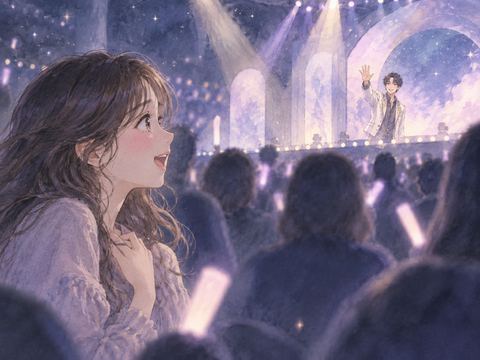 ステージ上の推しから手を振られて喜ぶ女性