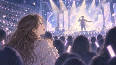 夜のライブ会場でステージを見つめる女性