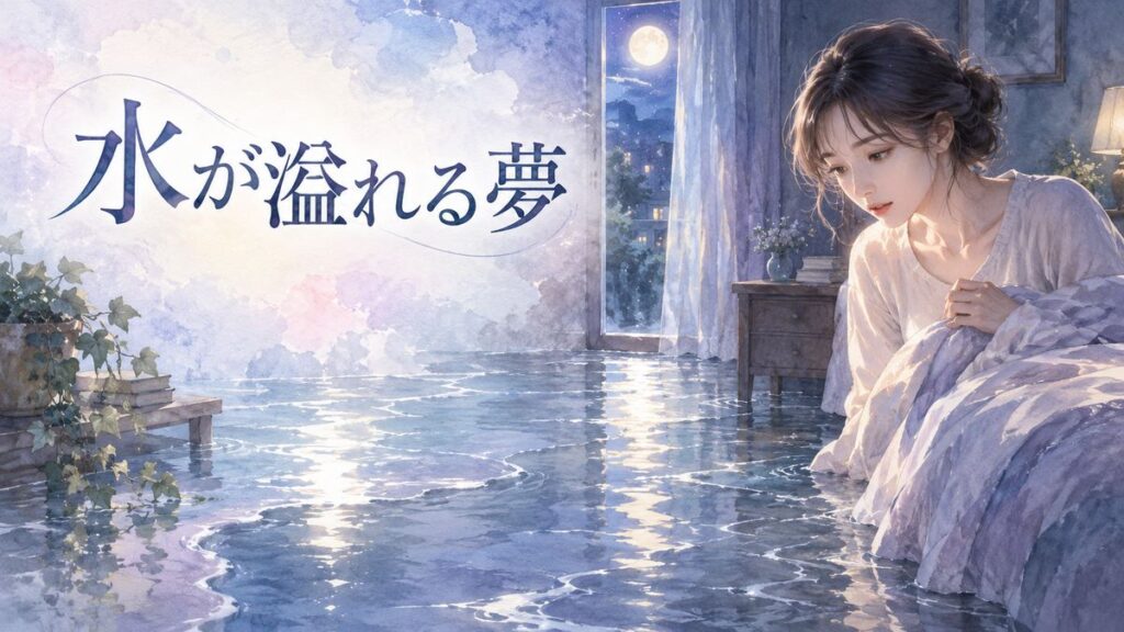 夜の部屋で床へ広がる水を見つめる大人の女性