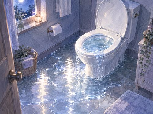 夜のトイレで便器から澄んだ水が静かに溢れている場面
