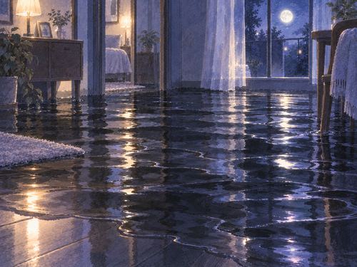 夜の室内に黒く深い水が静かに広がる場面