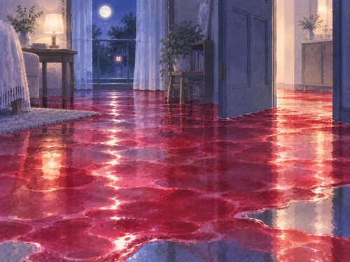 夜の室内に赤く染まった水が静かに広がる場面
