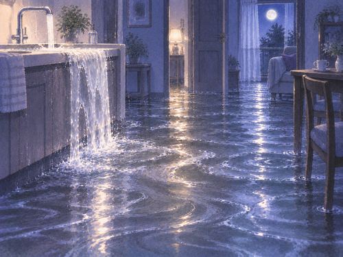 夜の部屋で水が止まらず床へ広がり続けている場面