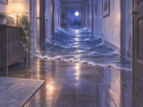 夜の通路の奥から水がこちらへ迫ってくる場面