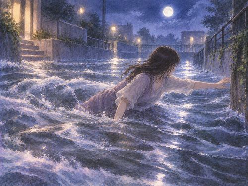 夜の浅い水の流れに人影が横方向へ流されている場面