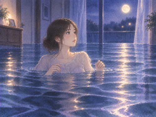 夜の静かな水の中に胸元まで浸かって立つ人物