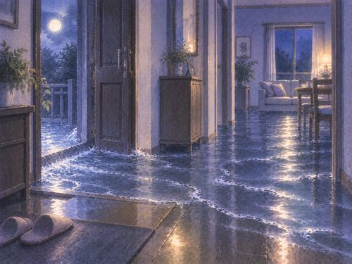 夜の家の玄関から水が入り部屋へ広がっている場面