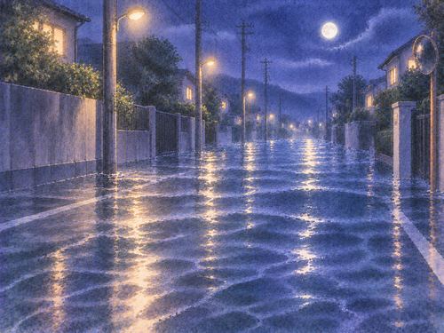 夜の道路が浅い水で覆われ進みにくくなっている場面