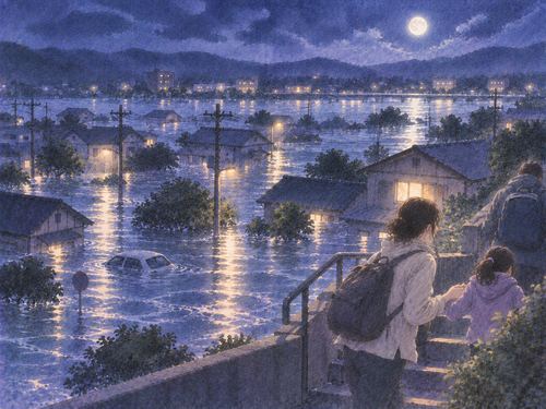 夜の住宅地に広く水が広がり人々が安全な場所へ移動する場面