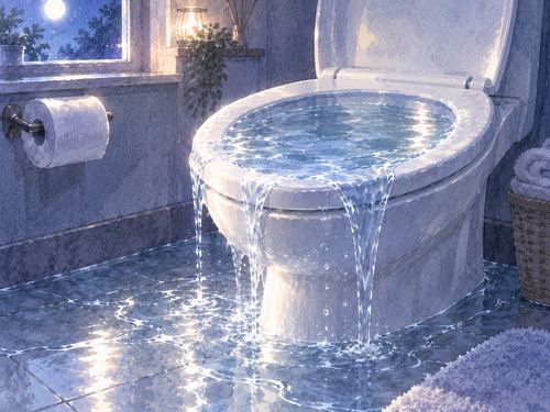 夜のトイレで水位が上がり便器から溢れそうになっている場面