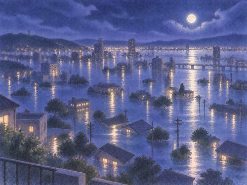 夜の街並みが静かな水に広く沈んでいる幻想的な場面