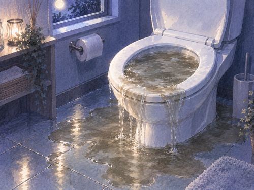 夜のトイレで濁った水が便器から床へ溢れている場面