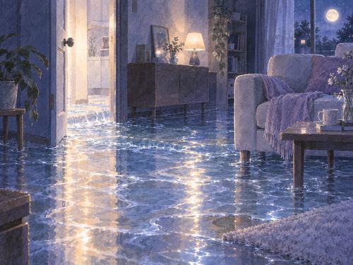 夜の部屋に澄んだ水が入り込み家具の足元まで広がる場面