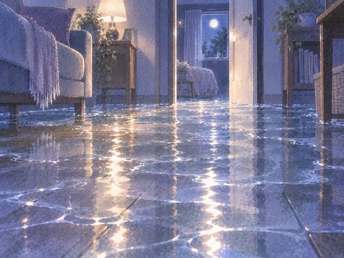夜の室内で床一面に浅い水が広がっている場面