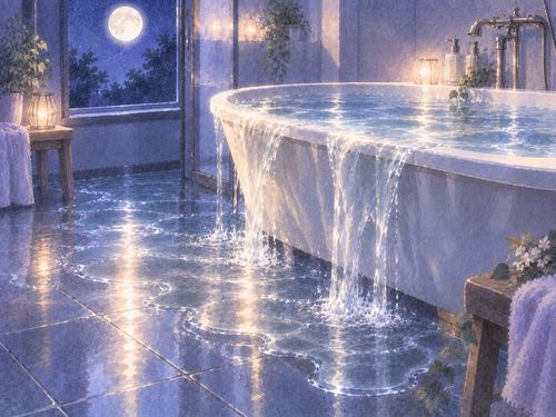 月明かりの下で透明な水が静かに溢れ光を反射する場面