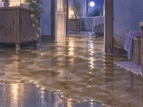夜の床に濁った泥水が広がっている場面