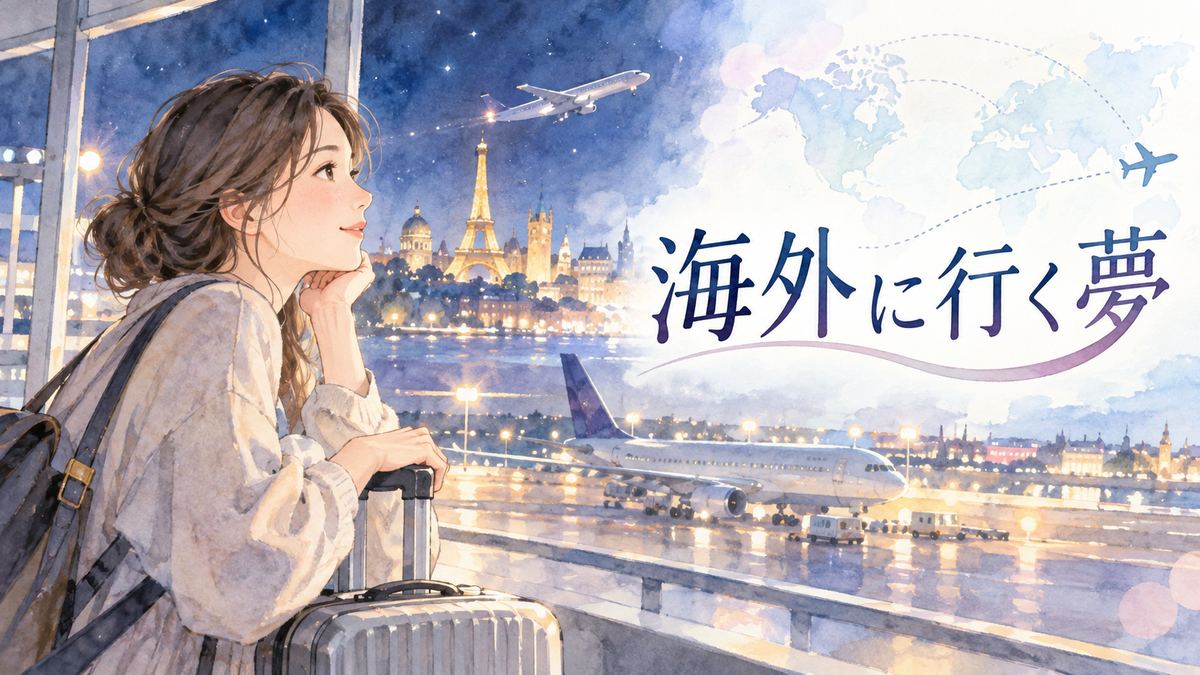 夜の空港で旅立つ先を見つめる女性と飛行機