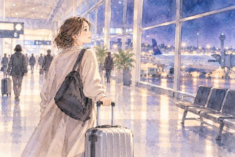海外の空港を一人で歩く女性