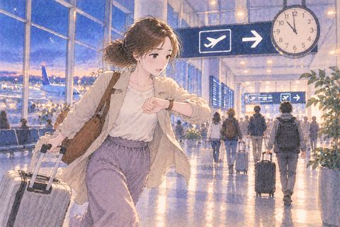 時計を見ながら空港を急ぐ女性