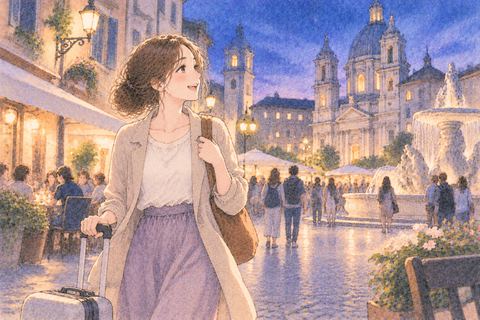 海外旅行で街並みを楽しむ女性