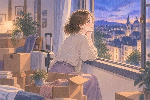 海外の新しい家に荷物を運ぶ女性