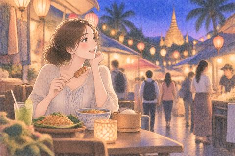 海外の夜の街を楽しむ女性