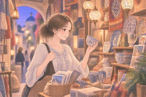 海外の店で品物を選ぶ女性