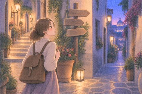 海外の知らない路地を歩く女性