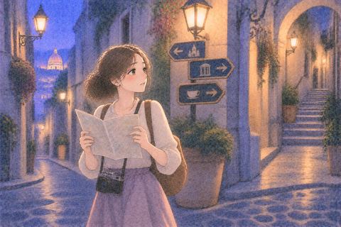 海外の街で道に迷う女性