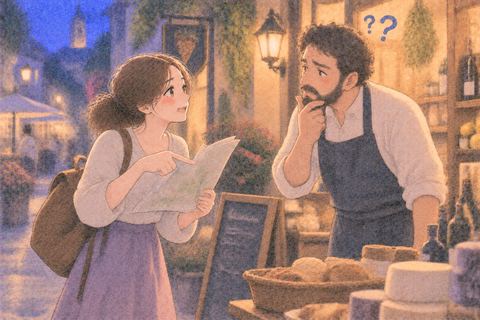 海外で身ぶりを使って話す女性