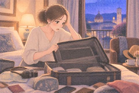 海外で荷物を確認して焦る女性