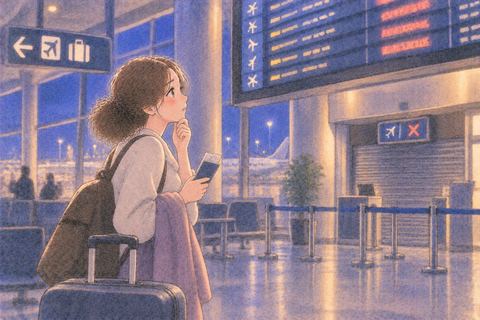 帰国便を探して空港で困る女性