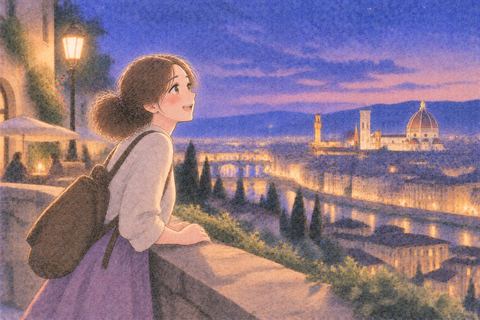 海外の景色に胸を弾ませる女性