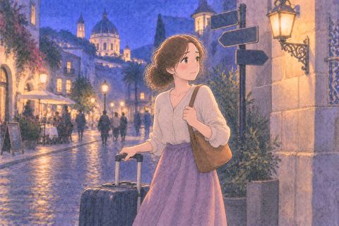 海外の街で不安そうに立つ女性