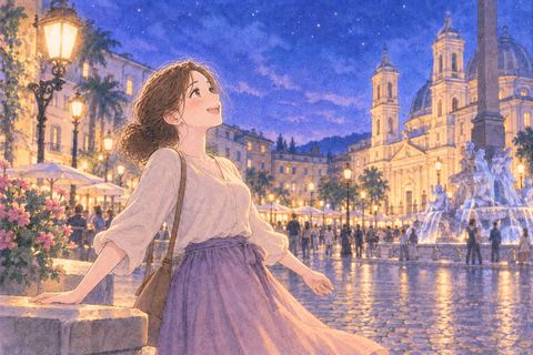 海外の広場で開放感を味わう女性