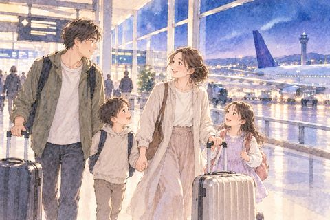 家族と海外の空港を歩く女性
