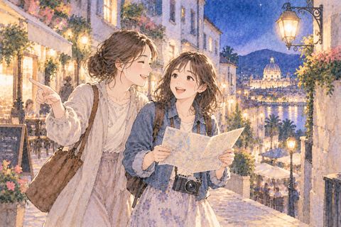 海外の街を友達と楽しそうに歩く女性