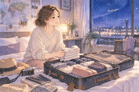 スーツケースに旅支度をする女性