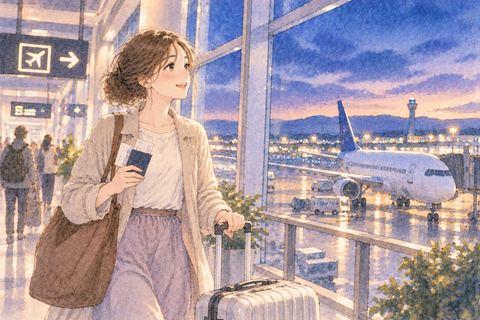海外へ出発する空港で笑顔の女性
