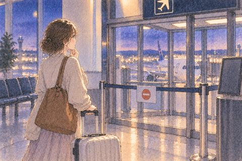 出発口を前に立ち止まる女性