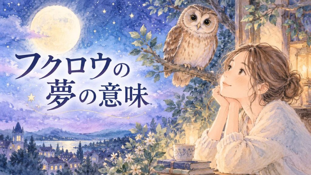 夜の窓辺でフクロウを見つめる大人の女性